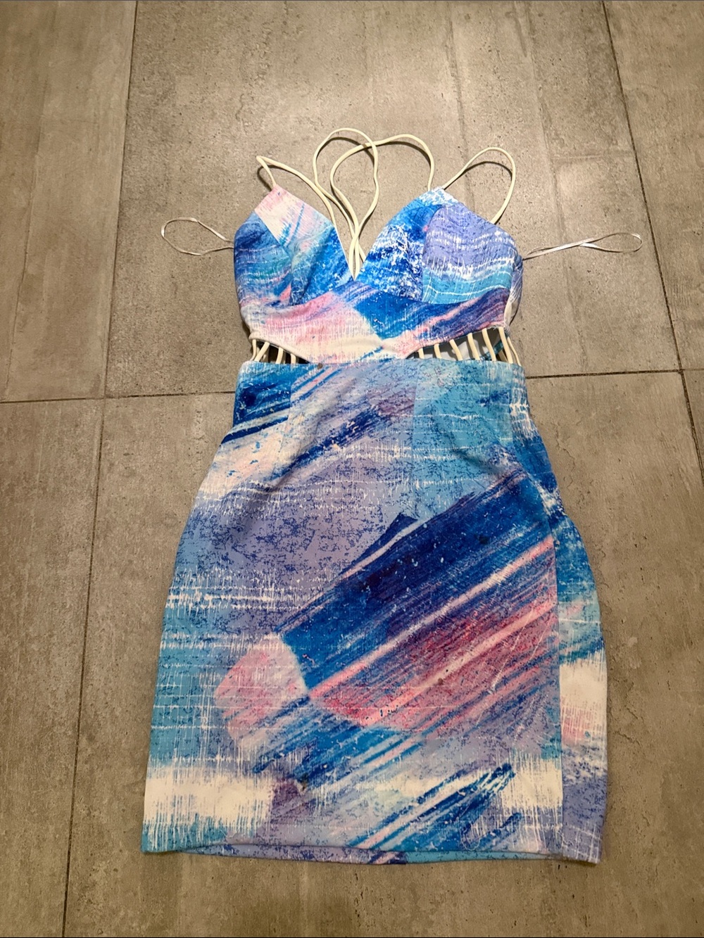 Dream State Strappy Abstract Print Bodycon Dress in Blue and Pink Sz S